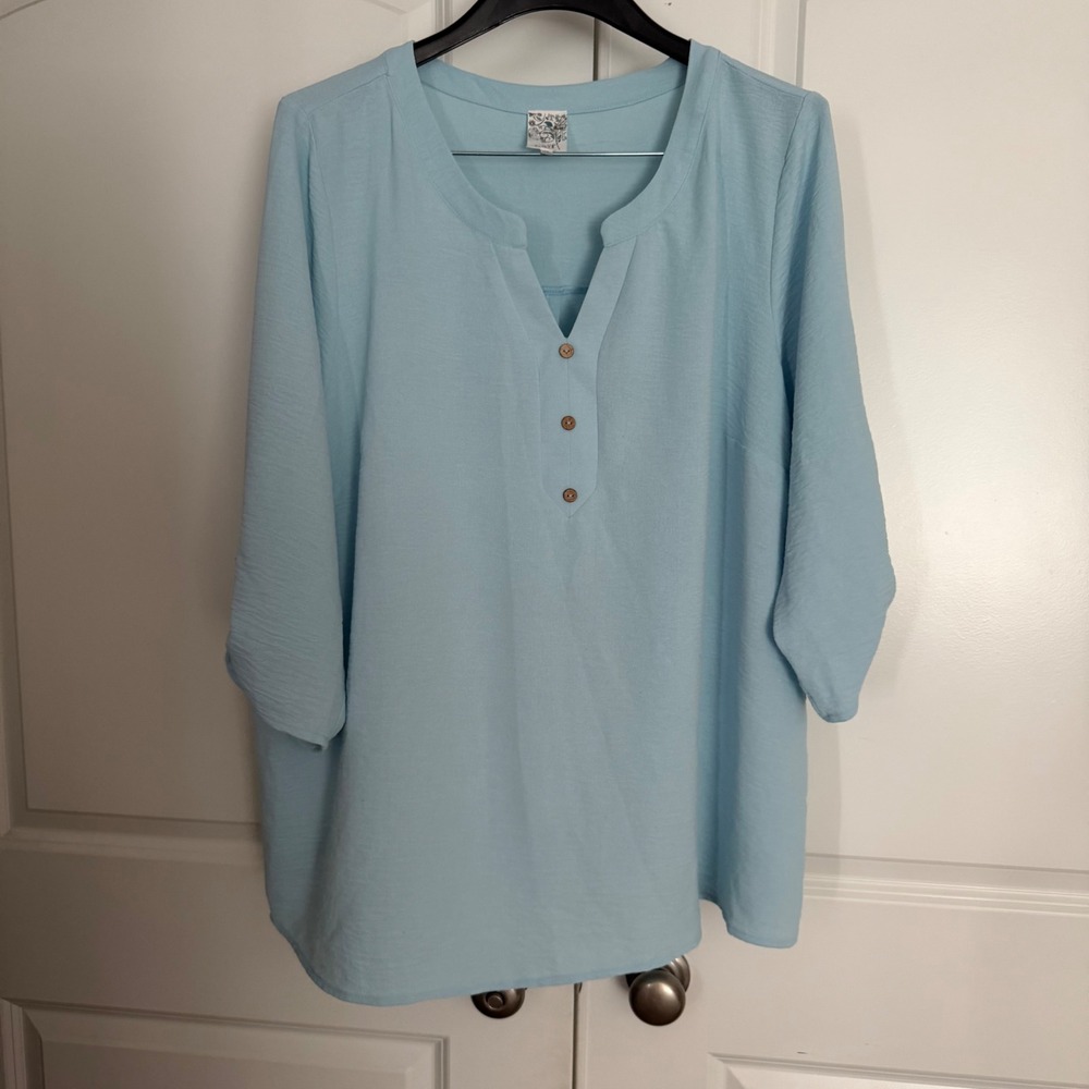 Naif Blue Henley Tunic Blouse 3/4 Sleeve Textured Top Womens 2X